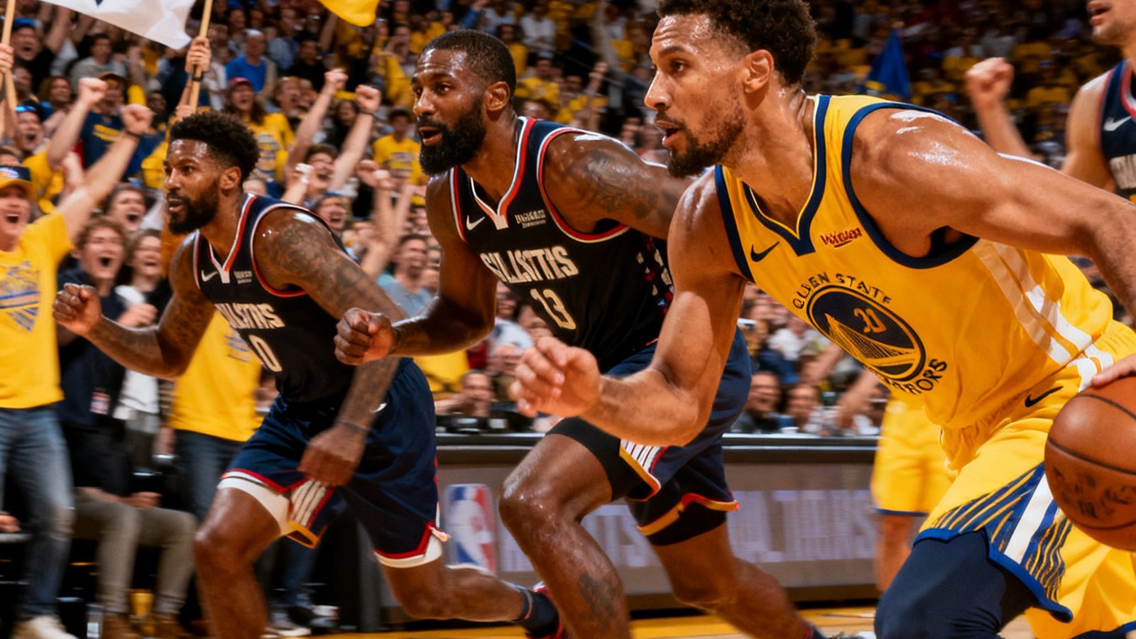 NBA全明星赛投票榜单公布，多位球星在赛场上奋力拼搏的特写画面，球迷热情挥舞旗帜
