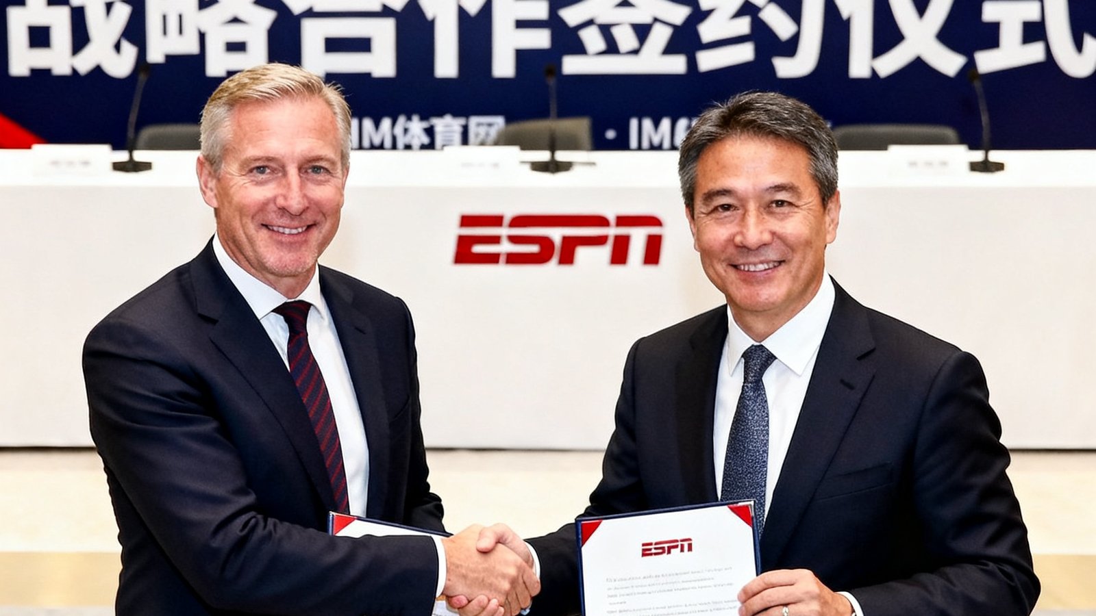 IM体育网与ESPN战略合作签约仪式现场，双方代表握手并展示合作协议文件